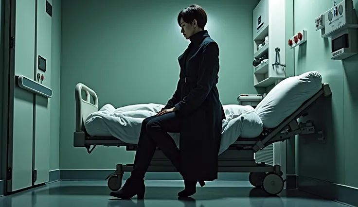 wearing a black long trench coat made of good-looking enamel、Major Kusanagi Motoko of Ghost in the Shell in a military uniform、a...