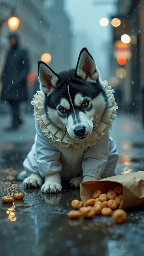 Photorealistic cinematic image of an anthropomorphic siberian husky puppy slumped dramatically on a rainy city sidewalk, one paw...