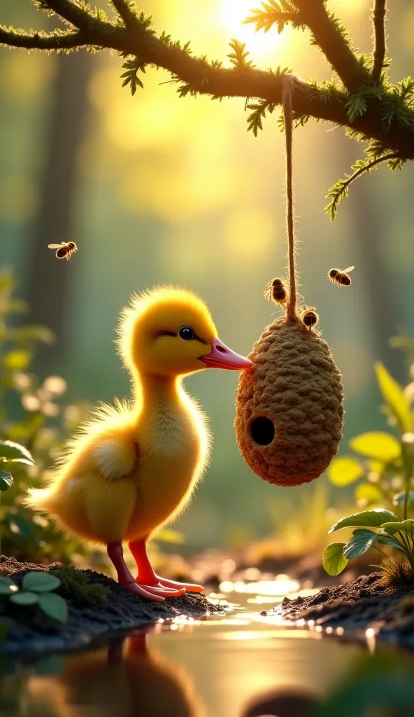 > A photorealistic 8K digital painting set in a peaceful, vibrant forest. A tiny duckling, soft and fluffy with bright yellow fe...