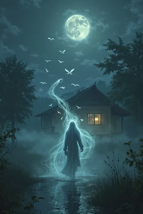 A ghost drags herons next to a Thai country house at night