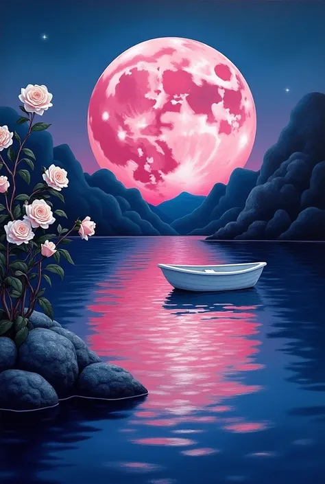 The sky is dark blue ,Wavy water mirror, the large pink moon colors the water pink.,the moon sets on the edge of the water mirro...