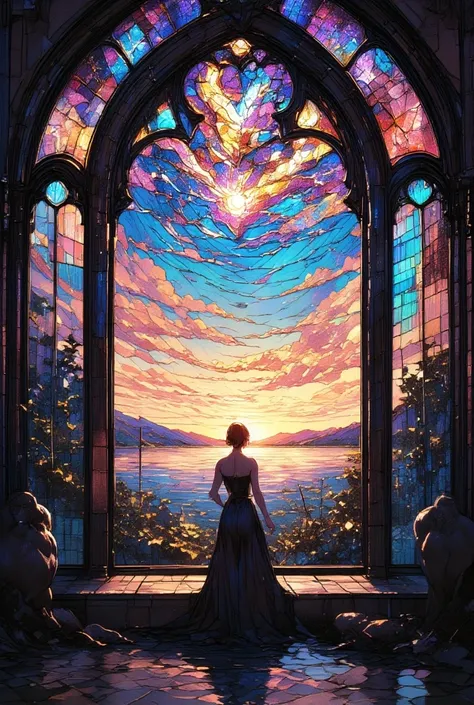 Scenery where cracks in stained glass seem to crack the sky through a window