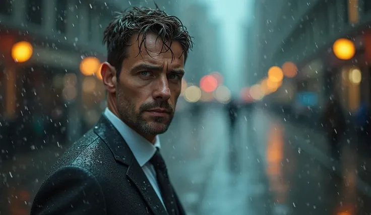 A middle-aged man, around 40 years old, with short brown hair, green eyes, pale skin, wearing a wet gray business suit, standing...