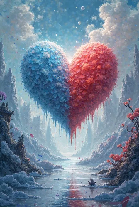 Un coeur love avec à sa gauche de le glace et à sa droite un monde féerique