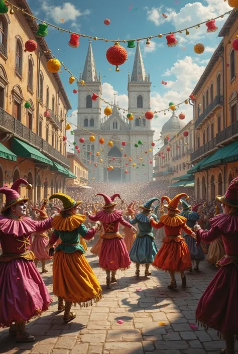 Carnival with people disguised as jesters dancing in a horizontal format in Renaissance painting style