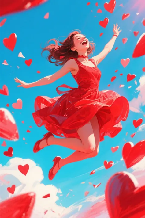 a very happy woman jumping out of emotion with lots of red hearts falling from the sky