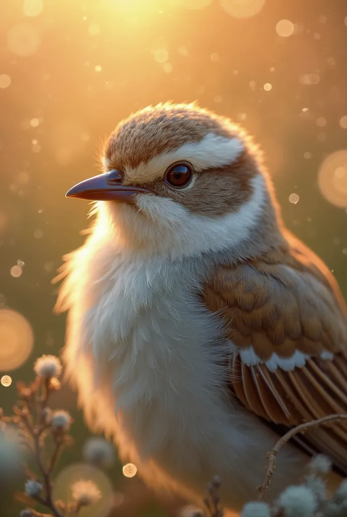 A mesmerizing close-up portrait of a gorgeous little bird illuminated by the soft, golden light of a tranquil morning, with vibr...