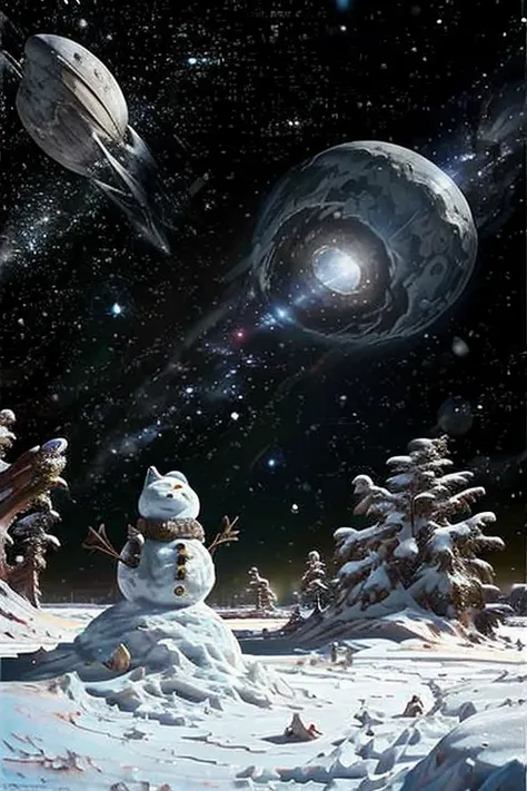 A snowy landscape in outer space、snowman、Shiba Inu、 boy