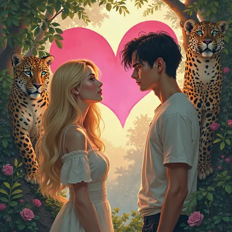 A blond woman before a man short black hair with a leopard and a pink heart