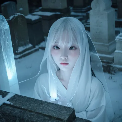 Floating in the cemetery at midnight、Please draw a ghostly Yuki-onna.。Emphasizing her translucent white skin and ice-cold gaze、A...