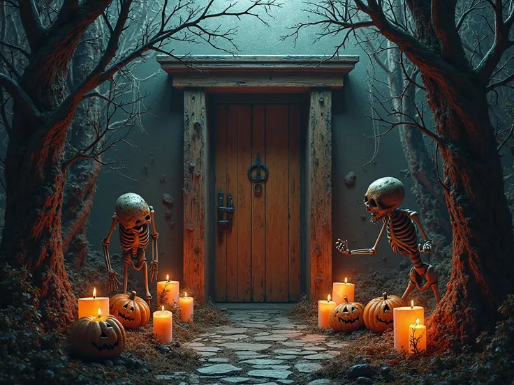 A Halloween display of a haunted house doorway decorated with cobwebs, jack-o’-lanterns, flickering candles, and skeletons.