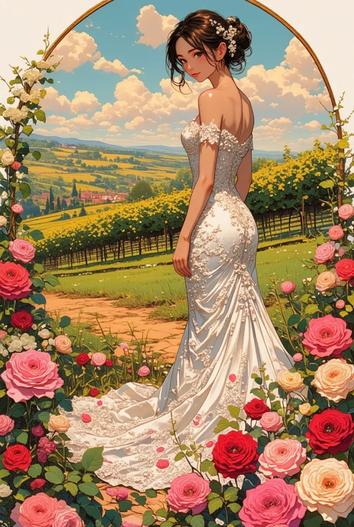 collage art of a woman in a wedding dress. French scenic vineyard background in the silhouette of a beautiful girl. A screen f...