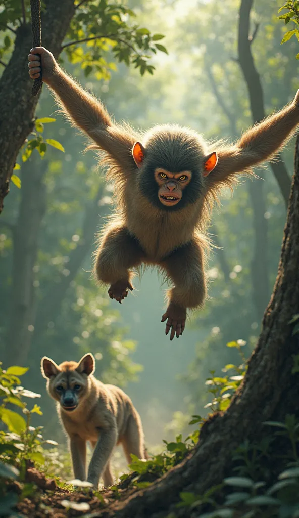 A heroic monkey swinging through the trees and leaping down just in time to rescue a newborn baby from a hyena. Dramatic mid-act...