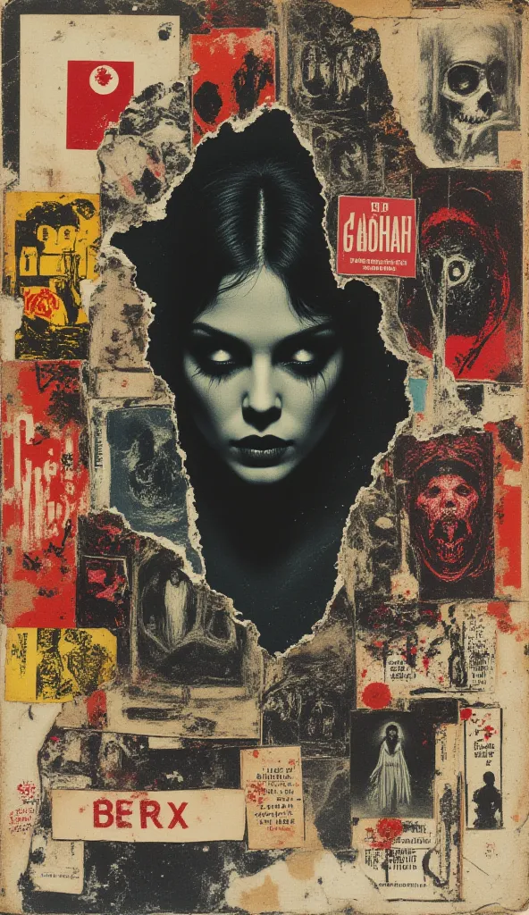 film(1929), directed by Luis Buñuel. Surreal retro collage artwork composed of cutouts from vintage horror magazines, chaotic an...