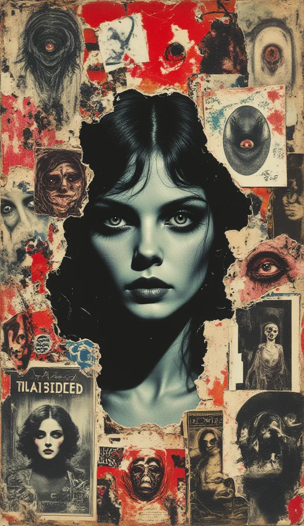 film(1929), directed by Luis Buñuel. Surreal retro collage artwork composed of cutouts from vintage horror magazines, chaotic an...