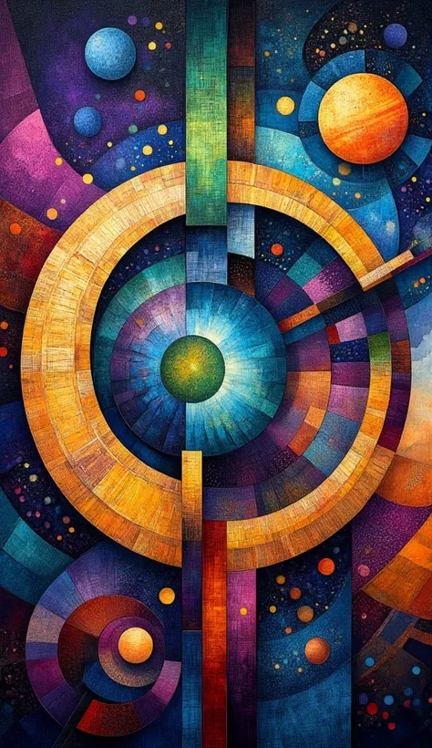 Cosmic vision. Intricate gold geometry frames a swirling iris—blue, purple, emerald—set against blazing nebulae and distant pla...