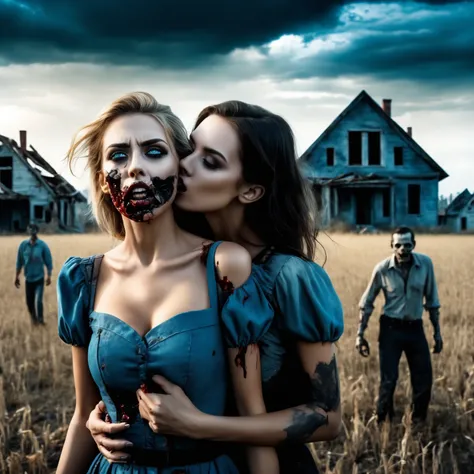 There's a beautiful hot sexy scared girl with big , scary zombies behind her, kissing her, open field with broken houses in the ...