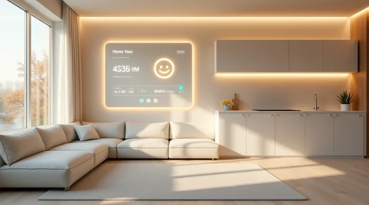A modern living room filled with ambient light. A glowing home interface on the wall displays health stats, lighting temperature...