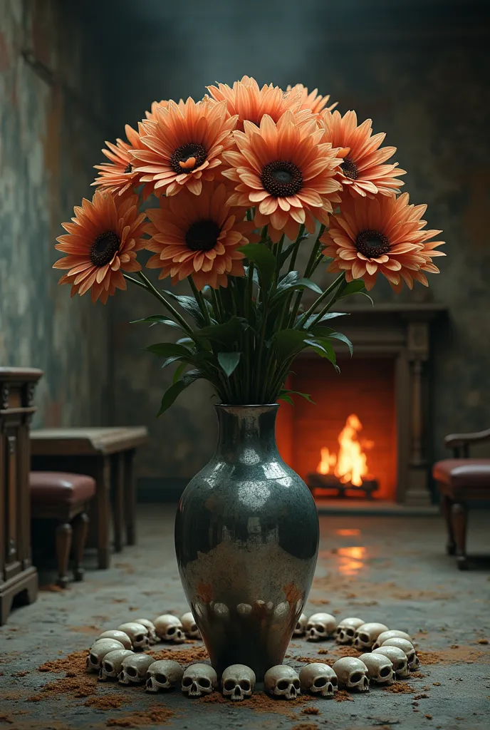 Create an ultra-realistic and epic AI image with the following content: a large flower stands in a large chrome-colored vase. Th...