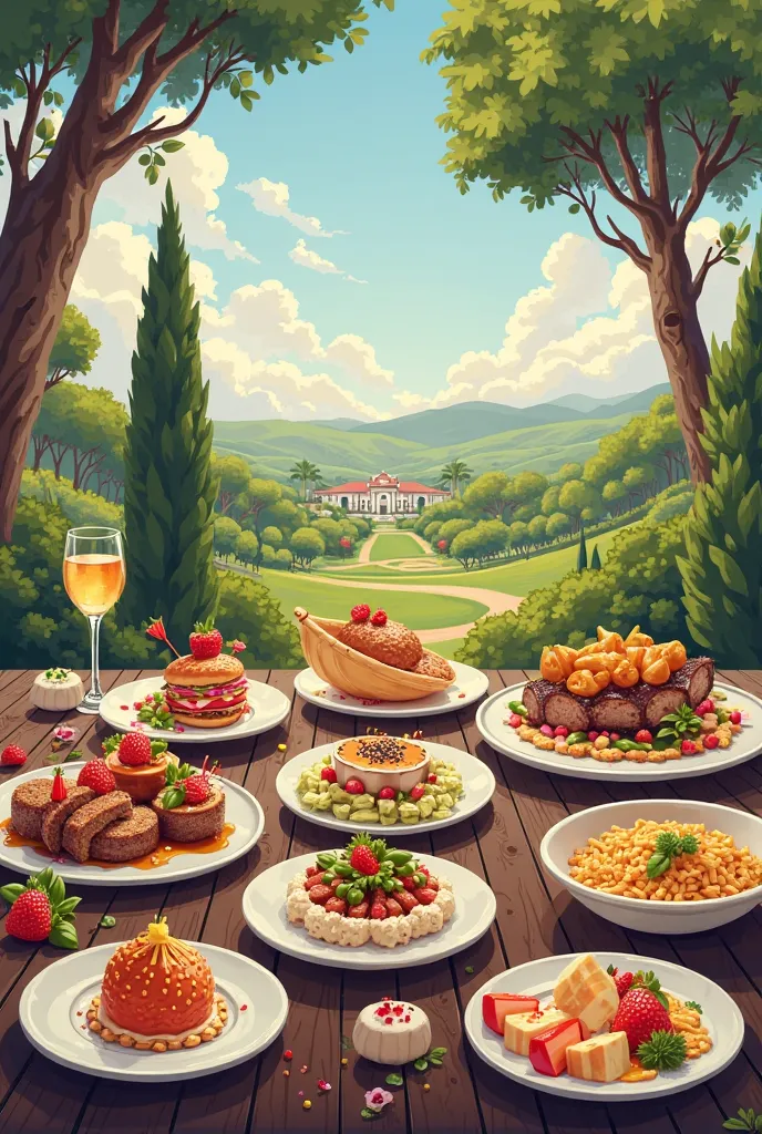 Create a poster for a restaurant that shows images of food dishes such as for a country club in Cieneguilla