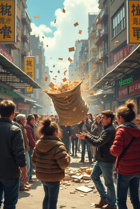 A loose bag bursts out of the book and causes trouble for the people outside, creating a naturalistic image.