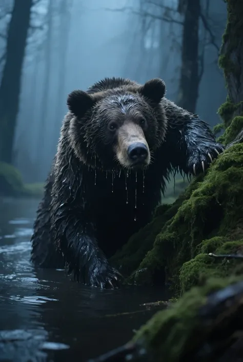 When the bees were gone, the bear climbed out, wet and sticky. He sighed, rubbing his sore nose.