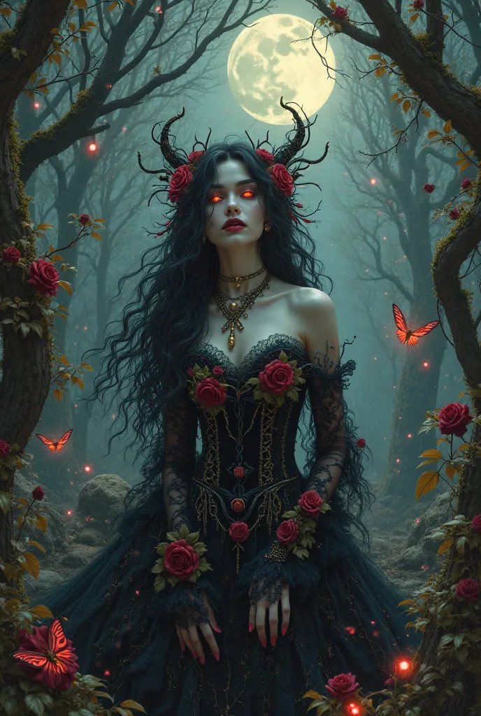 A gothic forest sorceress emerging from living vines in an ancient, cursed woodland. Her skin is porcelain-pale, her eyes glowin...