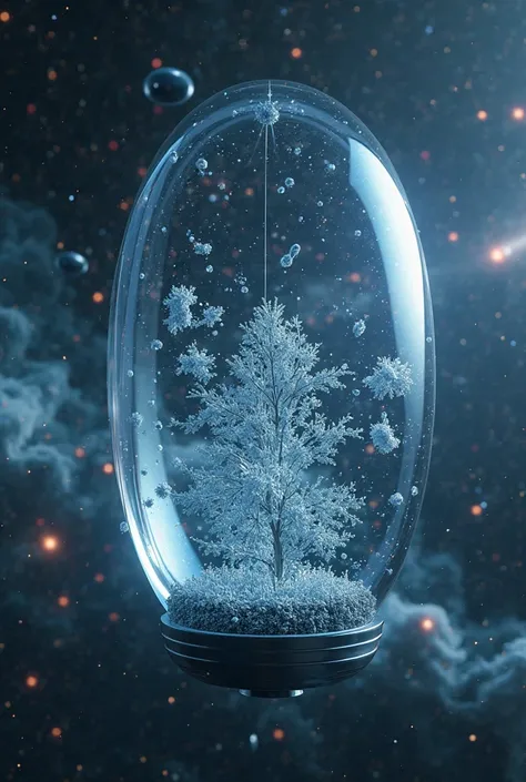In a futuristic armored glass capsule,Living cells , floating in photorealistic space Viewed from afar against the background of...