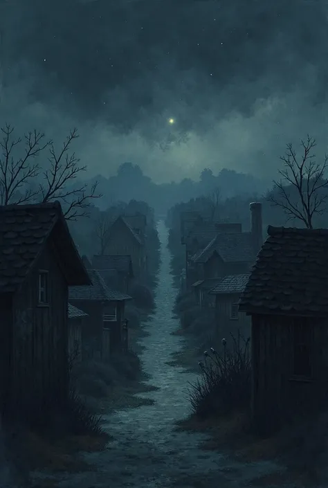 a village in complete darkness, no light in homes, starless sky, watercolor painting