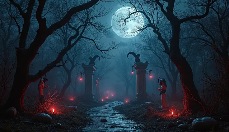 Cinematic night scene in an infernal, occult garden — moonlit, darkly enchanting, filled with succubi in shadow. Glimpses of bar...