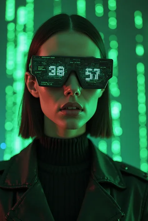 The model wears glass sunglasses, which show the numbers, she is in front of a movie poster for the movie “The Matrix”.