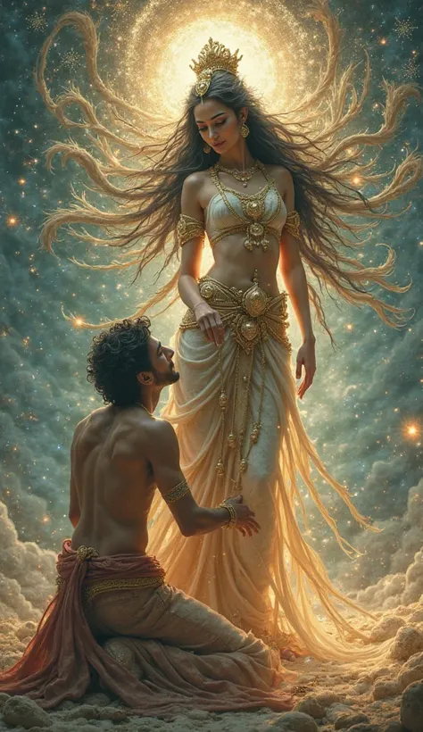 goddess Saraswati, fantasy, with a male devotee, love, lust, passion, reverence, complete submission