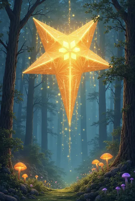 Cover Illustration: a night sky full of bright stars, with a large golden star descending gently into an enchanted forest.