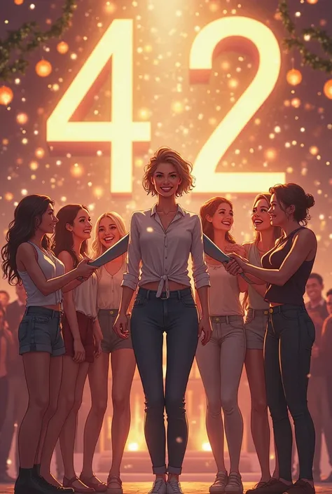 A group of besties with a female leader standing in the middle of a ceremony the stage, celebrating and taking photo with a numb...