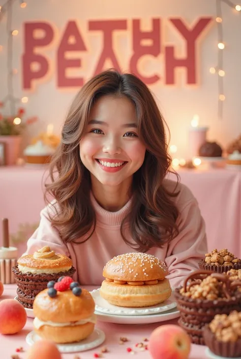 In the first image she loves letters that are on the top and say pastry,Below Choco Peach and below Kathy 