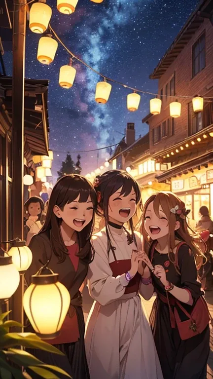 A group of friends laughing and dancing under a starry night sky in a vibrant festival setting. Lanterns and colorful lights han...