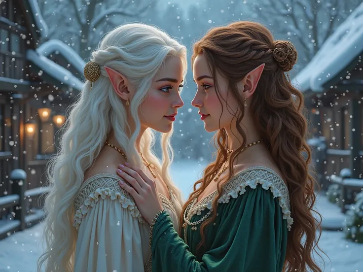 Two young women, elves, the second has her hands placed on the shoulders of the first {x} the first has long white and curly hai...
