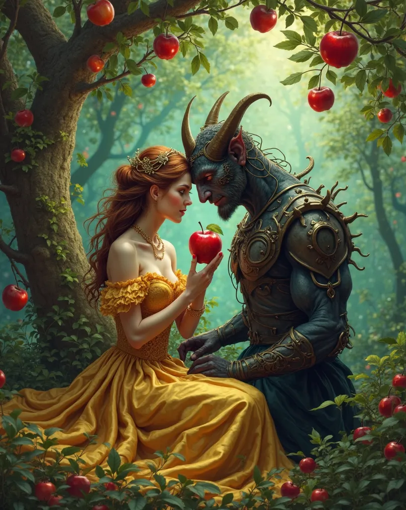 Design a captivating scene where a beautiful woman in a golden gown holds a red apple, seated next to a horned, demon-like figur...