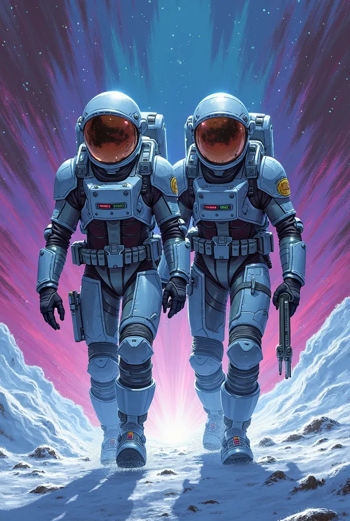 In this captivating comic cover illustration, two astronauts dressed in futuristic space suits are represented in the middle of ...