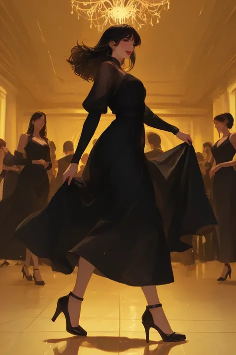 "Girl turns around in salsa, slightly tousled hair in the wind, light shimmering from the ceiling down."
"Hot dance floor with ...