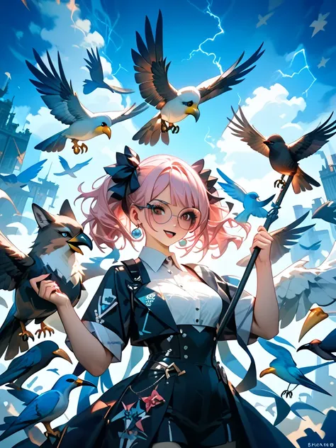 Youth ,Long, white-pink hair, wearing large round glasses, is a masterpiece., lightning spear, amazing quality, Newest,   very a...
