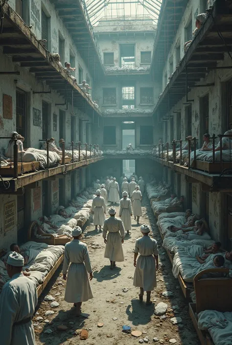 Old cholera center with many patient and nurses