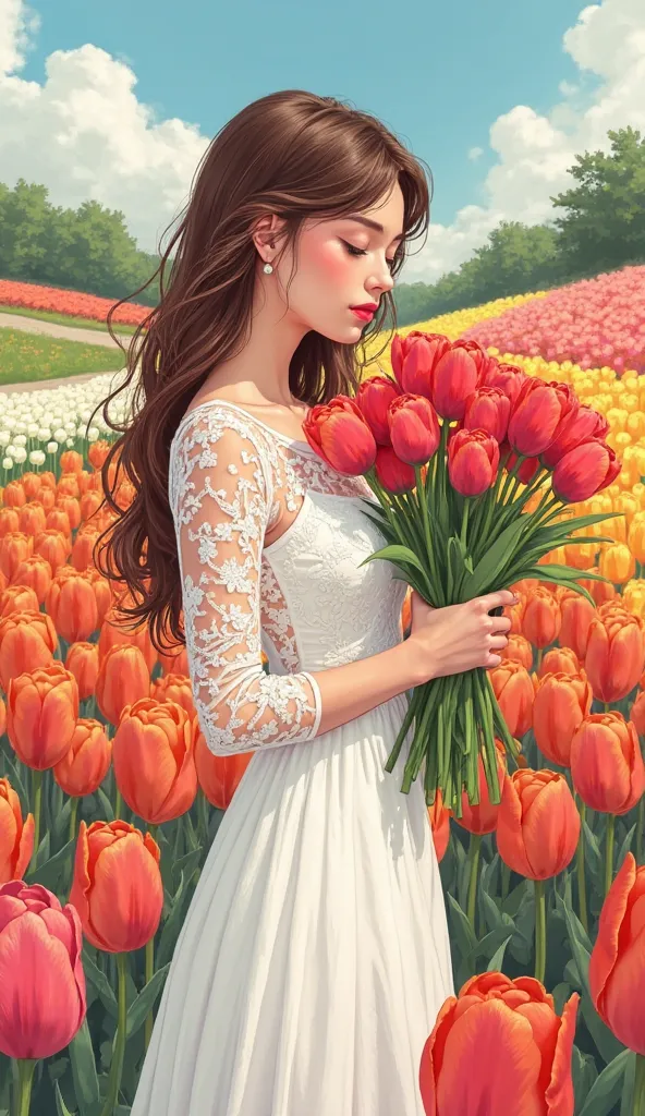comics style illustration shoot from the side about a young woman in a white dress surrounded by colorful flowers in a flower fi...
