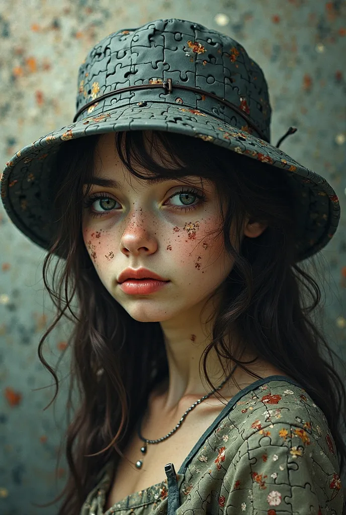 A art nouveau girl's face made of puzzle pieces, with a bucket hat. The background is abstract and moody, with soft lighting. T...
