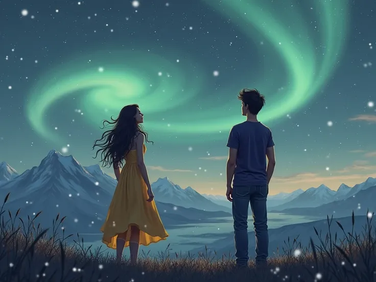 A lovely couple watching the northern lights in the night sky. A 25-year-old girl with long, hair wearing a yellow dress, and a ...