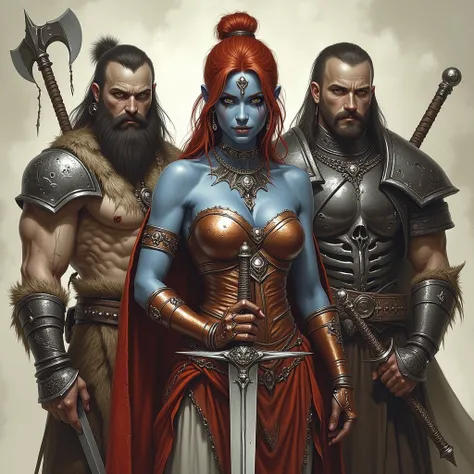 Three adventurers in a world of swords and magic.
Each is dressed in ancient Indian-style, archaic clothing.
Female warrior in t...