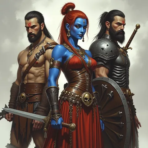 Three adventurers in a world of swords and magic.
Each is dressed in ancient Indian-style, archaic clothing.
Female warrior in t...