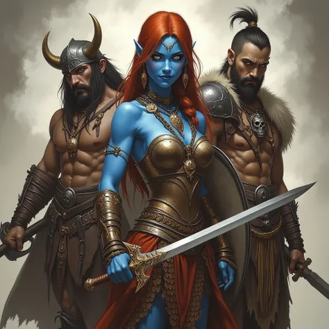 Three adventurers in a world of swords and magic.
Each is dressed in ancient Indian-style, archaic clothing.
Female warrior in t...