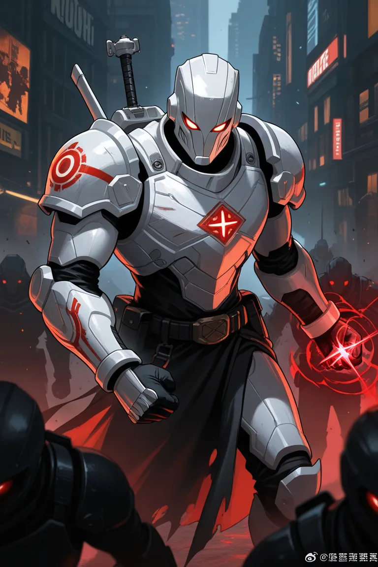 Male in heavy white armor, use black magic with right hand, stand in the middle of apocalyptic city, fight the others knights