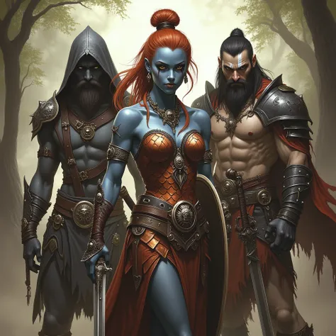 Three adventurers in a world of swords and magic.
Each is dressed in ancient Indian-style, archaic clothing.
Female warrior in c...